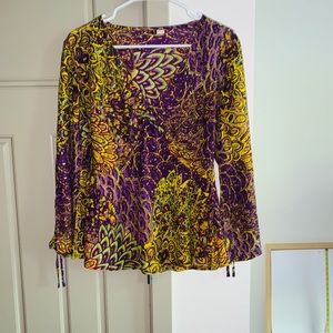 New-Never Worn-Purple Pattern BOHO Blouse with Bell Sleeves, Small
